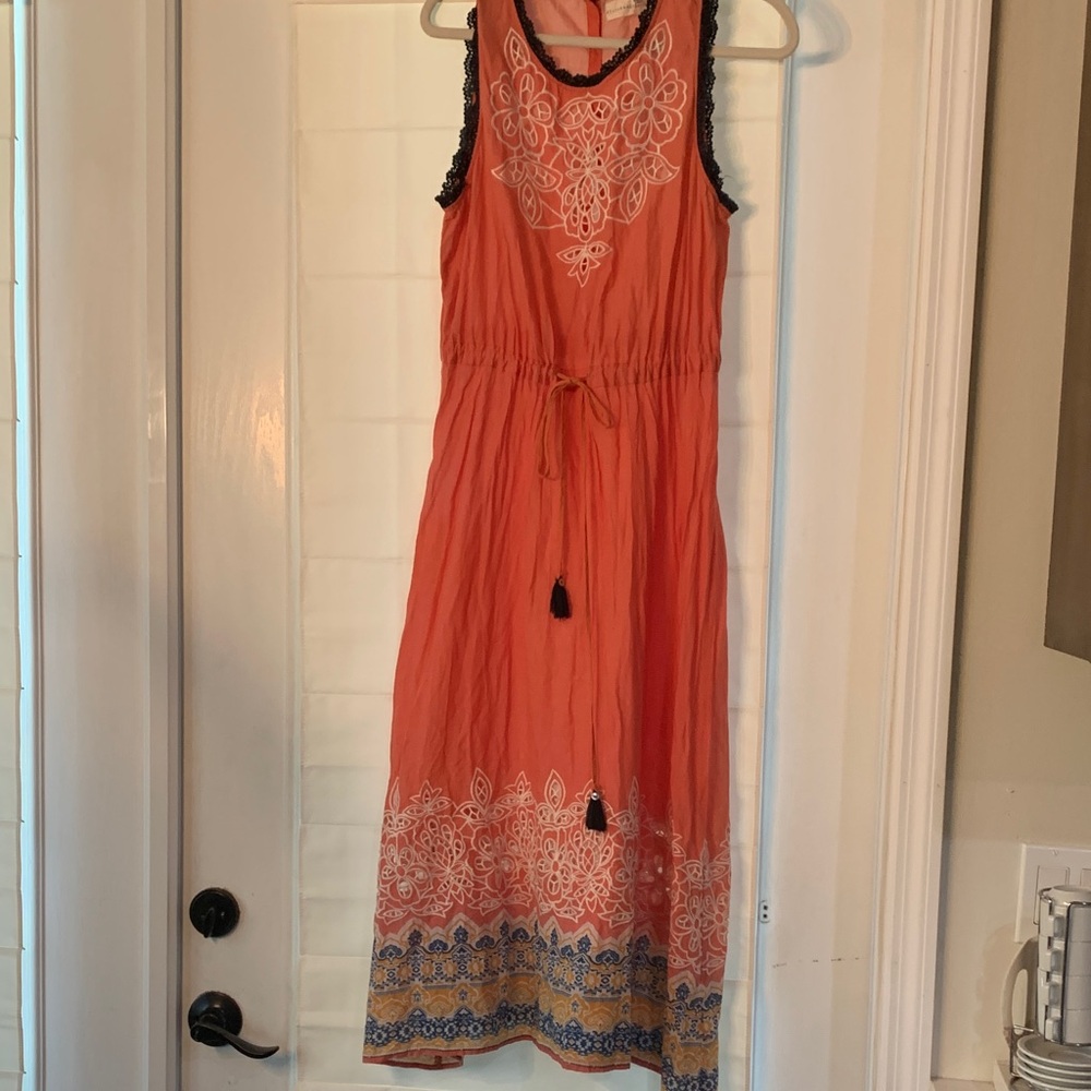 Sleeveless Coral Maxi Dress with Tassel Drawstring and Embroidered Border